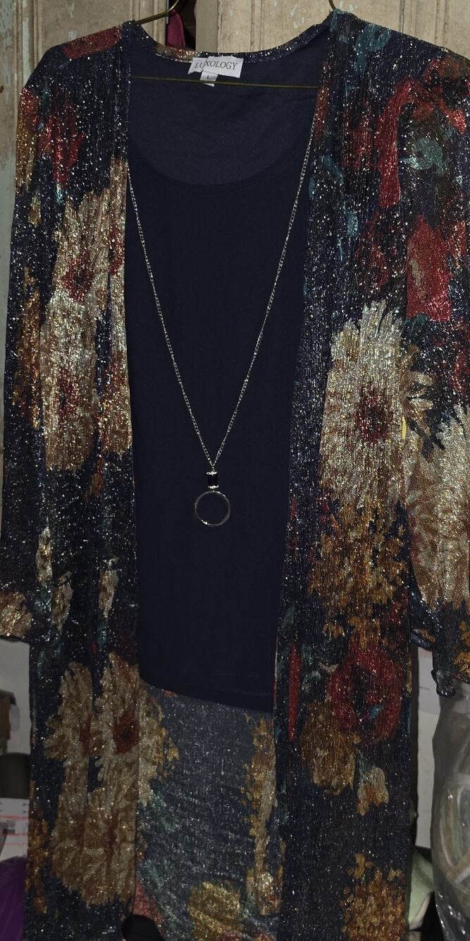 Luxology Faux 2 piece blouse with necklace NWT Colorful Large Blingy